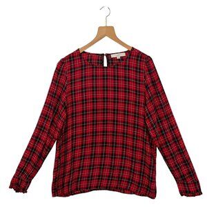 LOFT Red Black Plaid Blouse L Rayon Long Sleeve Ruffles